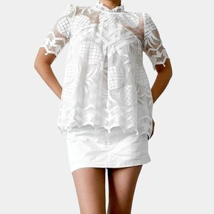 Anthropologie White Lace Sheer Short Sleeve Babydoll Blouse Top Size 2/S
